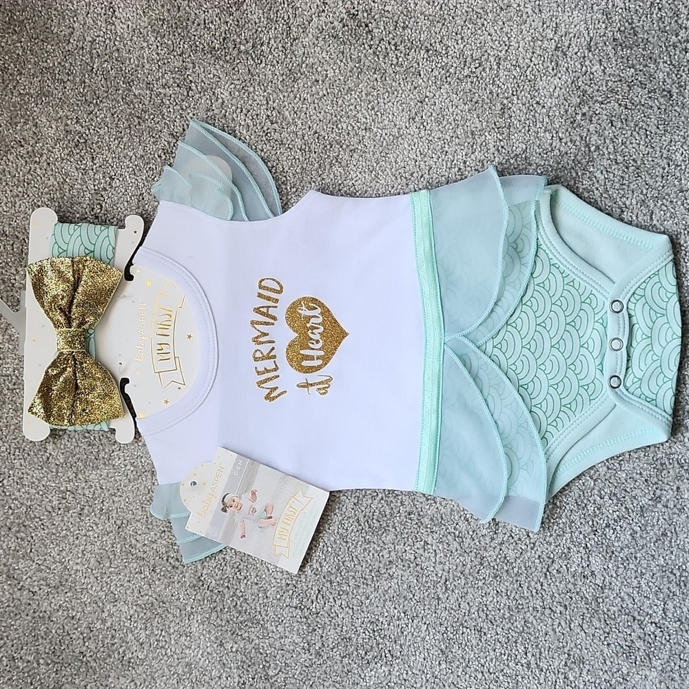 NWT BABY ASPEN Mermaid onesie and headband 0-6m